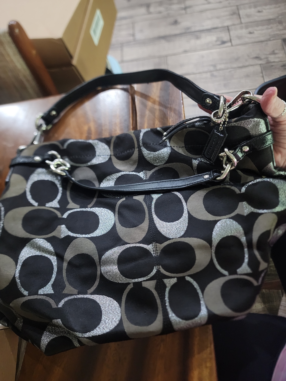 Coach Black and Silver Signature Hobo Shoulder Bag